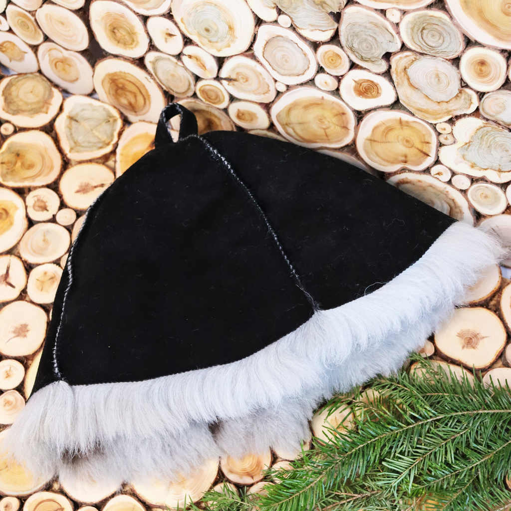 Банная шапка из натуральной овчины Премиум, чёрная | Дубберай